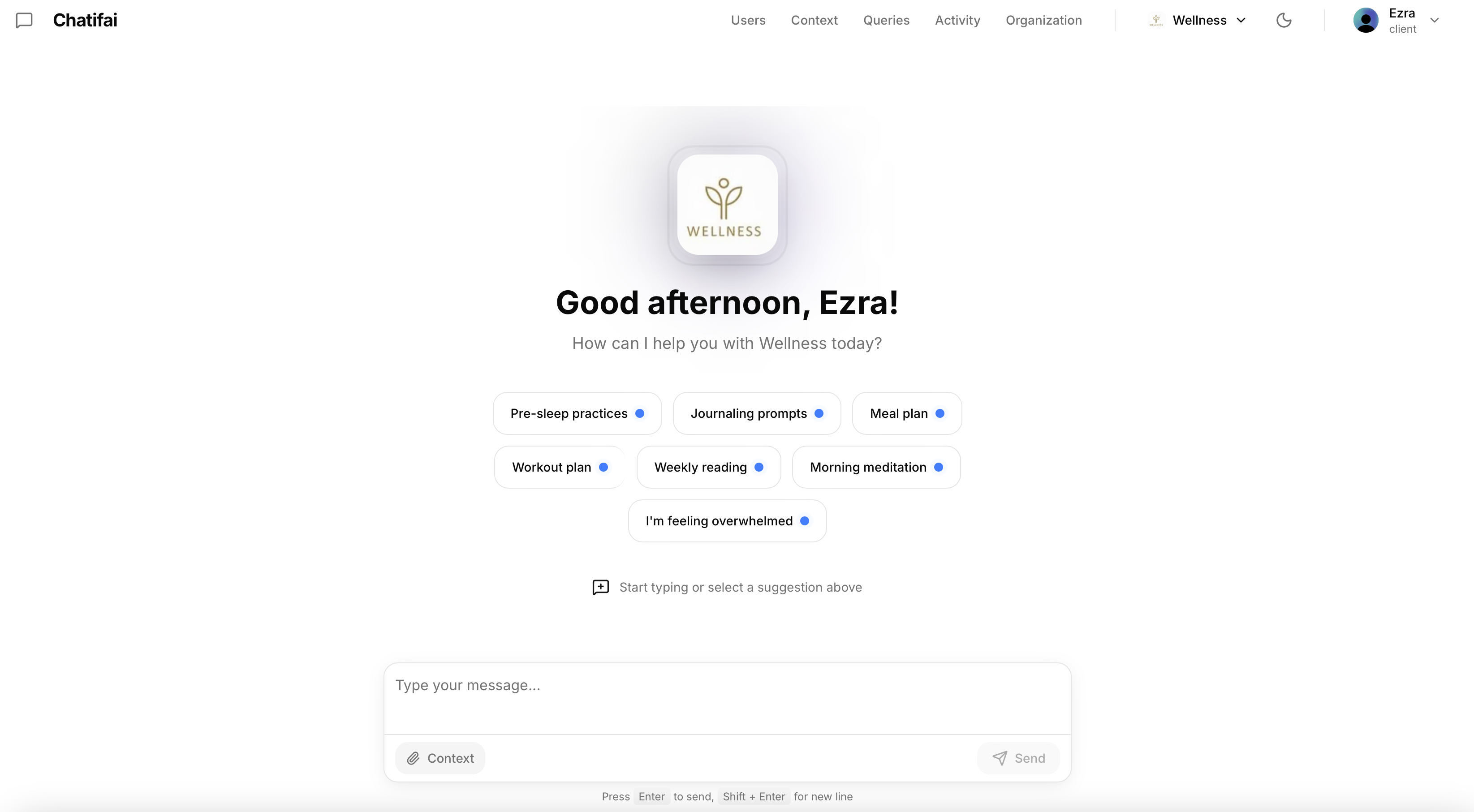 Screenshot of Chatifai platform showing an interactive AI-powered wellness coaching interface with conversation history and personalized recommendations